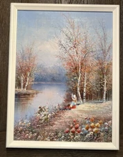 Girl Fishing by River Oil Painting Impressionist Original Signed WhiteFramed VTG