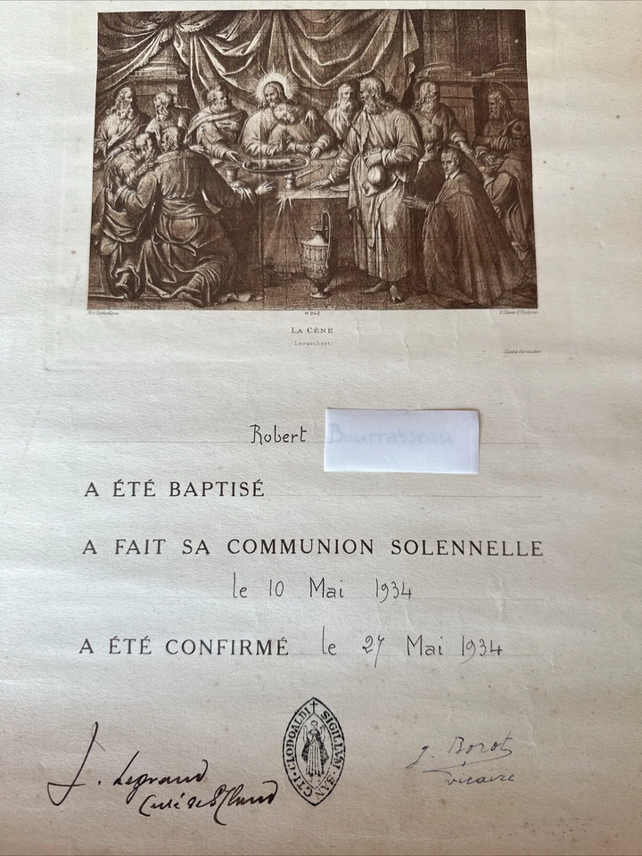 Certificat de communion 1934 illustré La Cène – document religieux ancien ✝️🖋️ - Photo 2/3