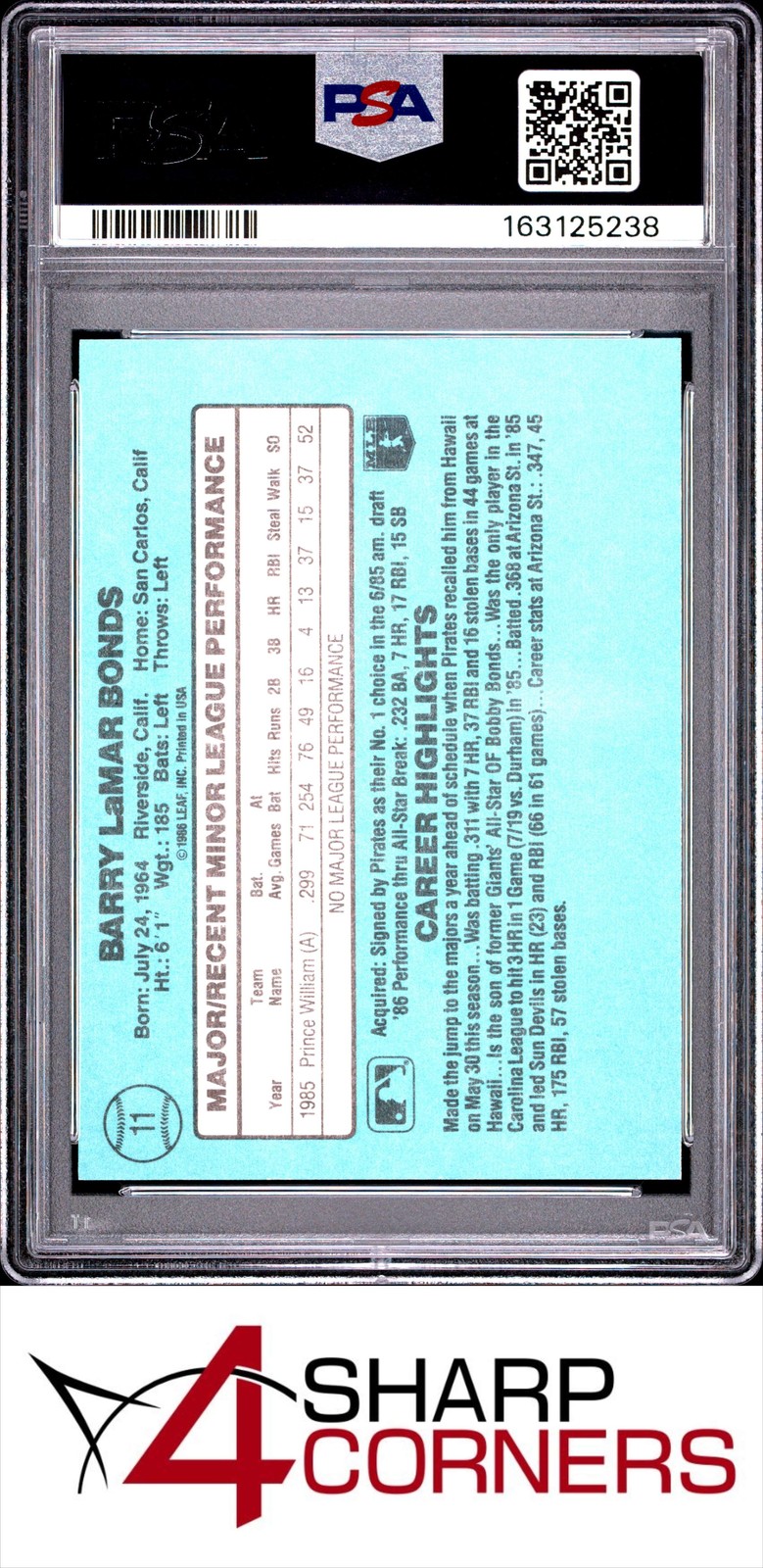 1986 DONRUSS ROOKIES #11 BARRY BONDS RC PIRATES PSA 8 view 2