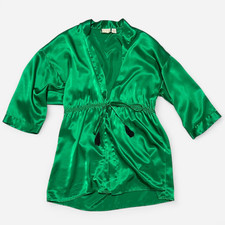 Vtg Victoria  s Secret Satin Robe Womens S Green Gold Label Lingerie Tassel Tie