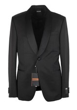 3,950 ZEGNA - Solid Black Wool/Mohair Shawl Lapel Tuxedo - 44R