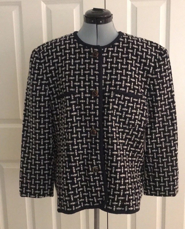 New Chaus Navy Blue White Tweed Wool Jacket Blazer Size 14