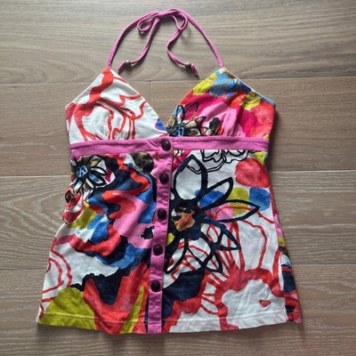 Roxy Y2K Halter Top Medium Floral Button Front Boho Surf Festival Tank