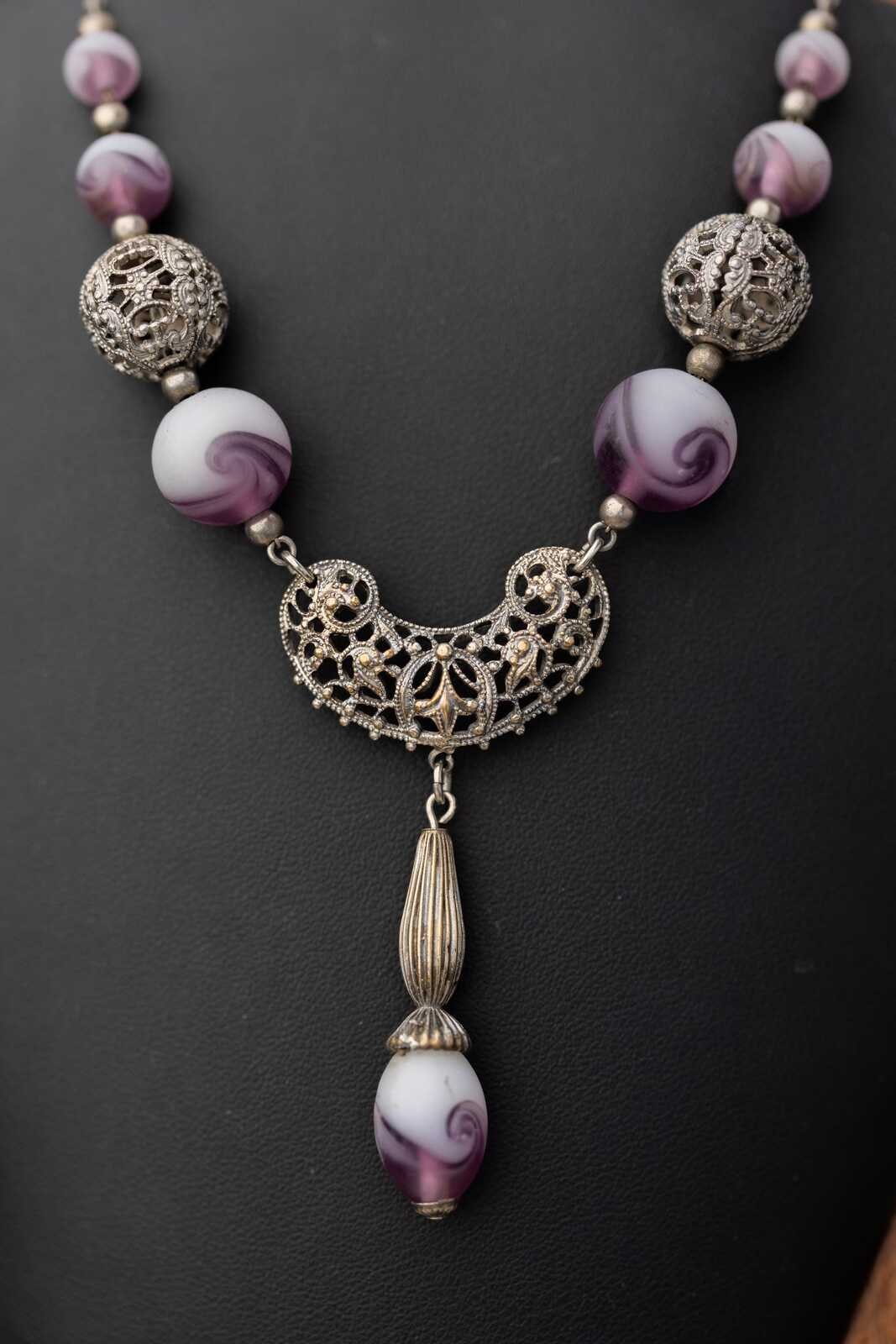 Vintage Purple Glass Bead Pendant Necklace Filigree Estate Jewelry