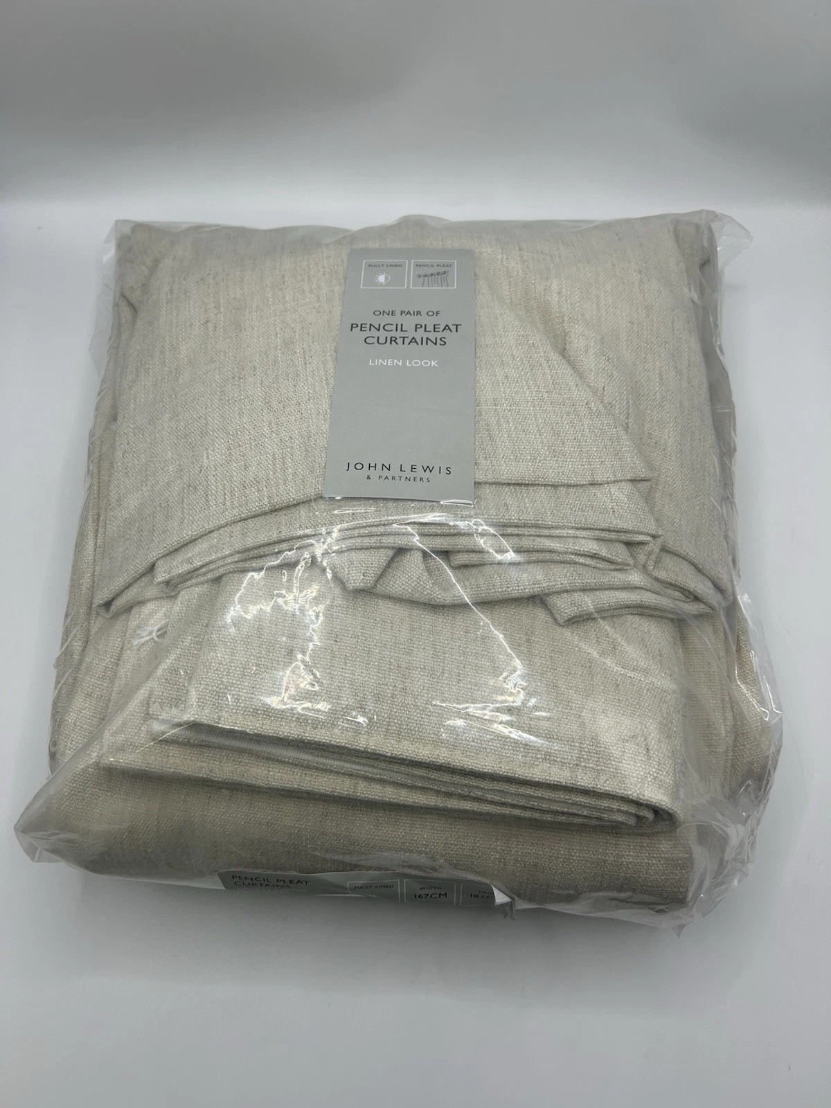 John Lewis Linen Look Pair Lined Pencil Pleat Curtains, Oatmeal W167cmxD182cm