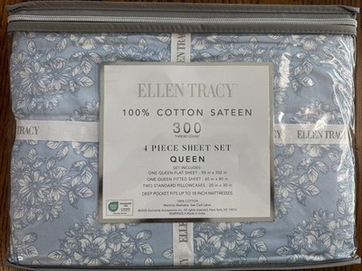 Ellen Tracy Queen Blue White Floral 4 Pc 300TC Cotton Sateen Sheet Set NWT