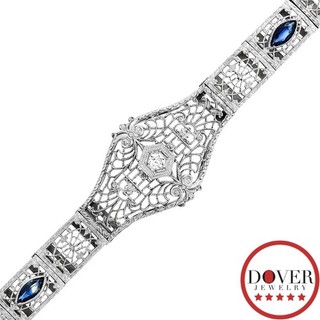 Vintage Diamond 0.25ct Sapphire 14K White Gold Filigree Bracelet 10.9 Gr NR