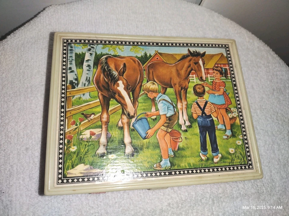 6 Sided Block Puzzle by Hermann Eichhorn Germany Children Farm Animals 50s W/Box - Image 3 of 4