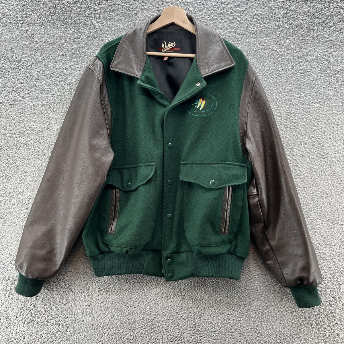 VTG Dehen Varsity Jacket Mens XL Green Wool Leather Sleeve Castle - Main Image