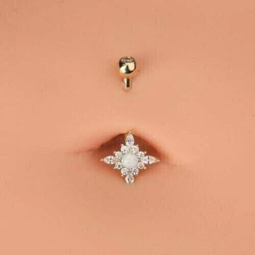 Ombligo flor ópalo simulada corte redondo de 2 quilates chapado en oro amarillo de 14 k. Foto 2 de 4