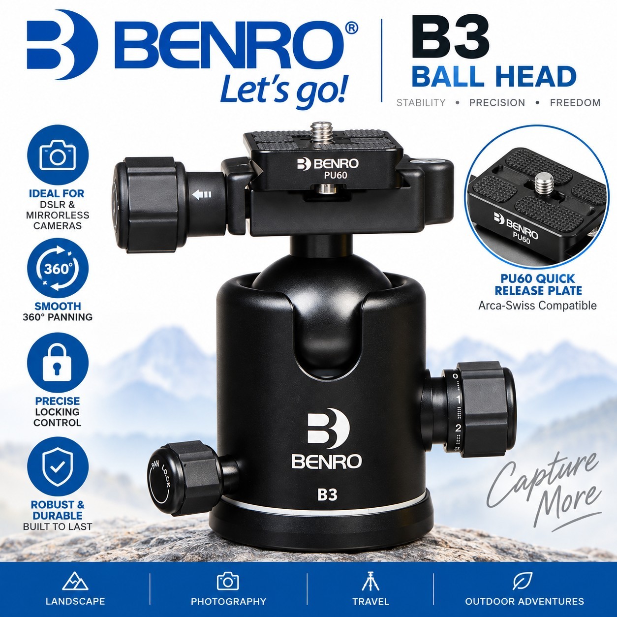 Benro B3 Triple Action Ballhead with PU70 Plate. - Image 2