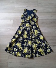 TU Navy Blue Yellow Floral Dress Silky Flared Smart Ditsy Occasion Holiday UK8