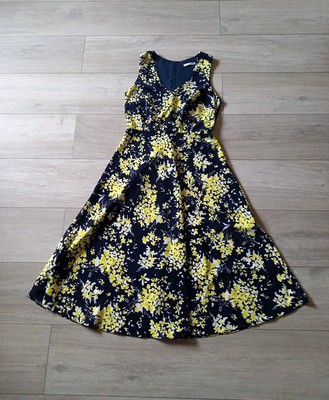 TU Navy Blue Yellow Floral Dress Silky Flared Smart Ditsy Occasion Holiday  UK8 | eBay UK