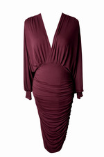 AX Paris Midi Dress UK 12 Plum Ruched Batwing sleeves stretch Deep V sexy
