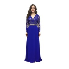 V-neck Beading Lace Long Sleeves Long Prom Evening Dress Mother of Bride