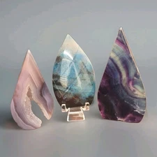 Lot Of 3 Pink Agate, Trolleite & Fluorite Freeform Teardrop Ornaments - USA