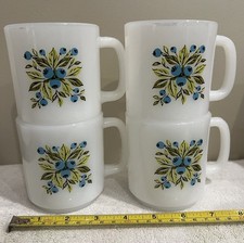 Vtg Jeannette/Glasbake Milk Glass Mugs, Blueberry, D Handles (Set of 4)