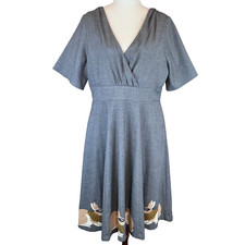 Revival Midi Dress AU 14 Grey Bunny Print Lined Pockets Novelty NWOT