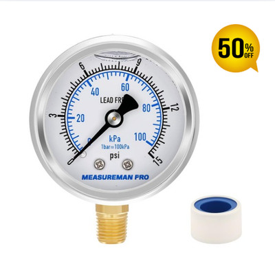 0-15 Psi Low Pressure Gauge, 2'' Dial Size, 1/4 Npt Lower Mount