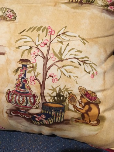 Vintage Asian Tapestry Throw Pillow 16” Monkey Red Velvet back - Picture 3 of 5