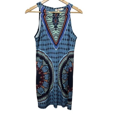 Aryeh Shift Dress Womens Large Blue Geometric Sleeveless Mini Boho Summer