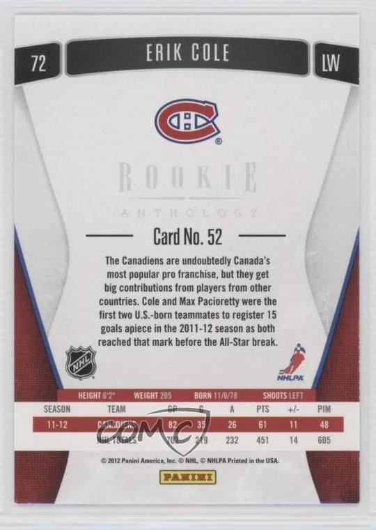 2011-12 Panini Rookie Anthology Erik Cole #52 - Image 2 of 2