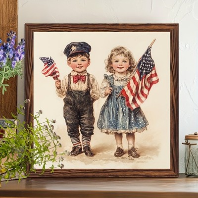 4th Of July Patriotic Children Flag Wooden Plaque Vintage USA Home Decor Gift