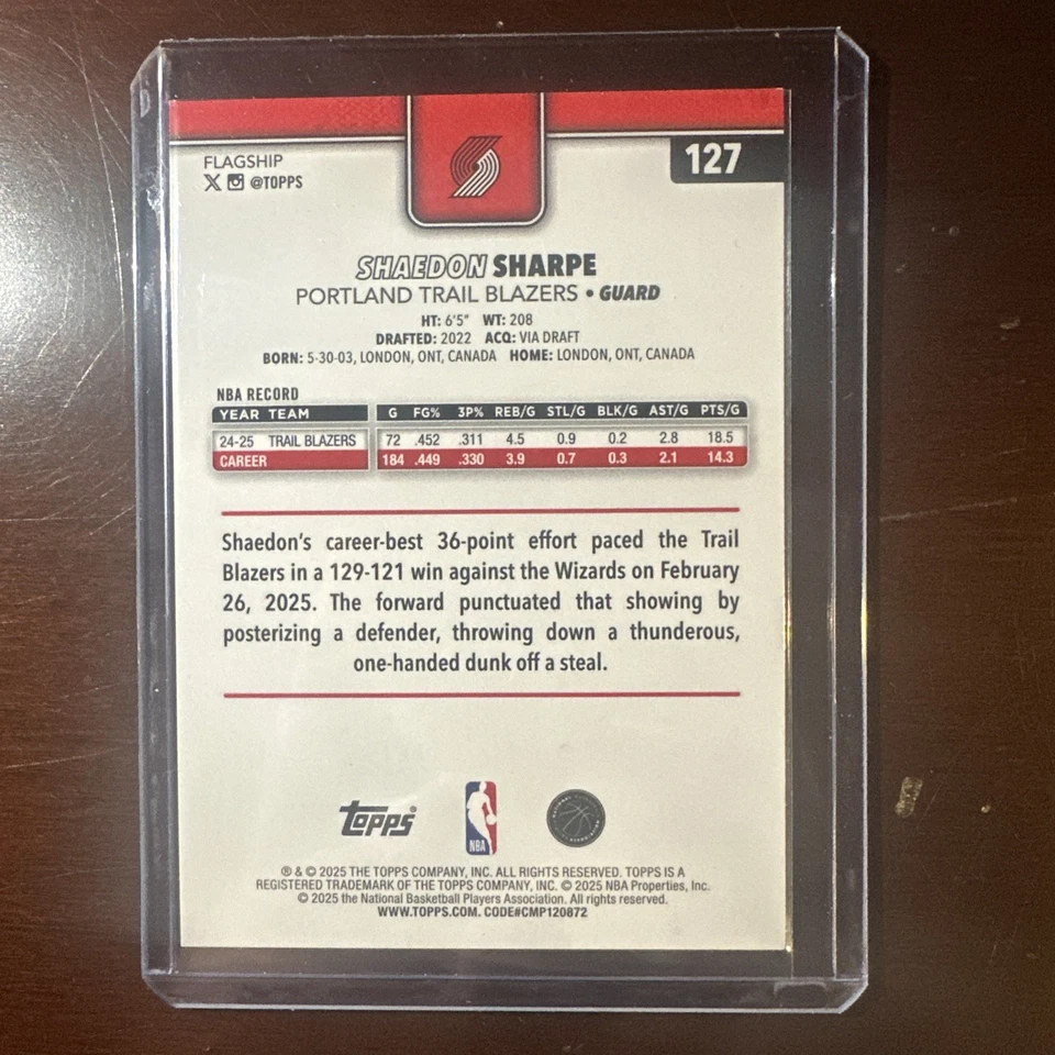 2025 Topps NBA Portland Trail Blazers Shaedon Sharpe /50 - Image 2 of 2