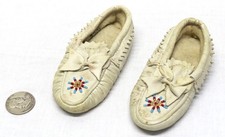 Vintage White Deerskin w/ Beadwork Native American Baby Moccasins Leather