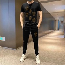 New Men Luxury Skull Rhinestones Set Black T-Shirt  Pants High Quality Suit
