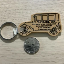 J.C. Taylor Antique Auto Car Insurance Tan Vintage Car Keychain Key Ring #41947