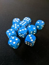 10 pack 16mm BLUE Dice -Opaque - White pip - Rounded Corners