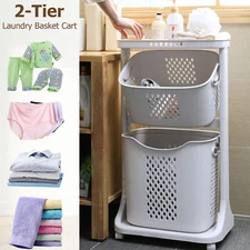 2 Tier Laundry Hamper Basket Sorter Clothes Storage Organizer Shelf Rolling Cart