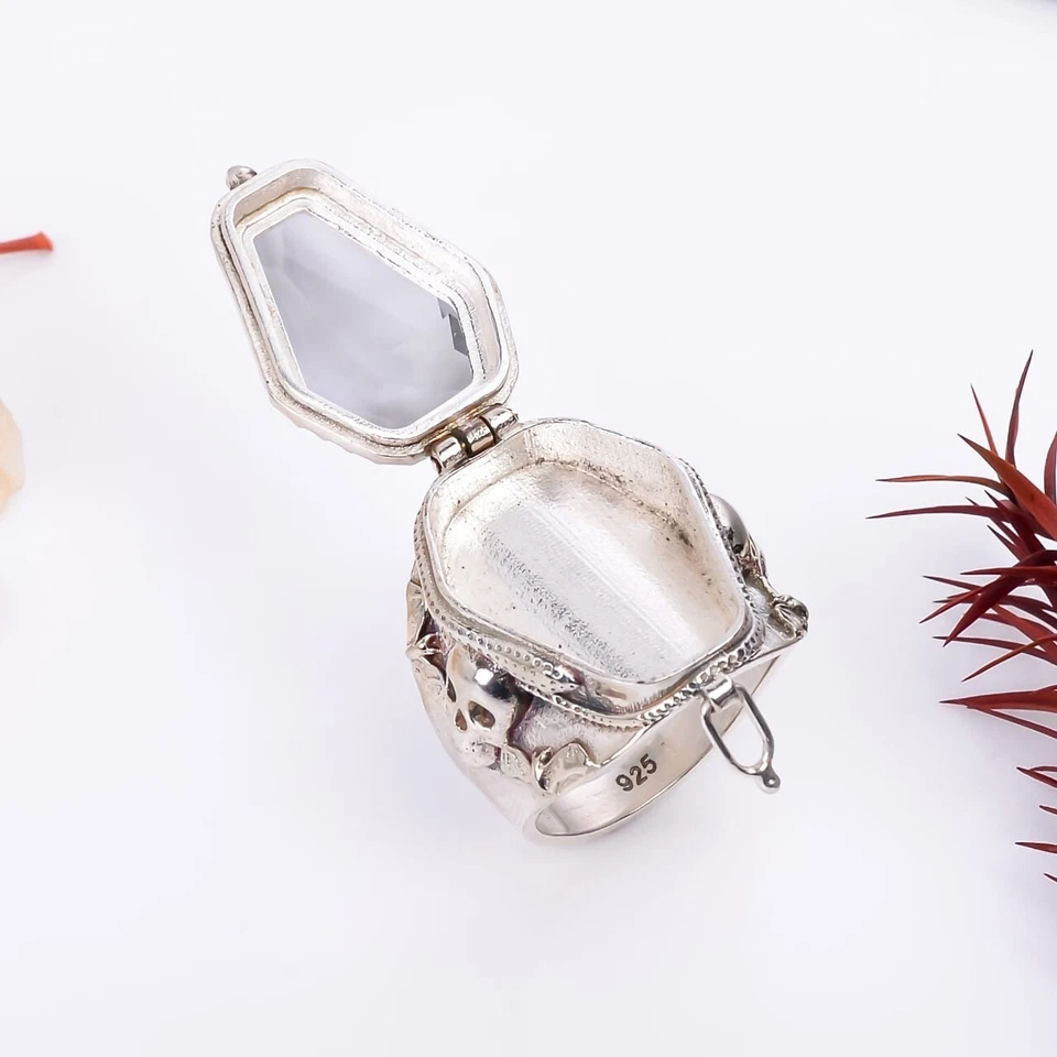 Skull Coffin Poison Ring, White  Topaz Gemstone 925 Silver Handmade Poison Ring, - Image 4 of 4