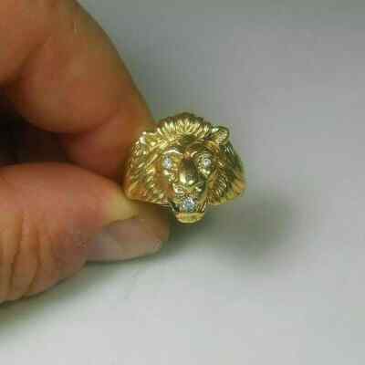 14K Yellow Gold Finish Men's Round-Cut White 3 Diamond Lion Head Ring