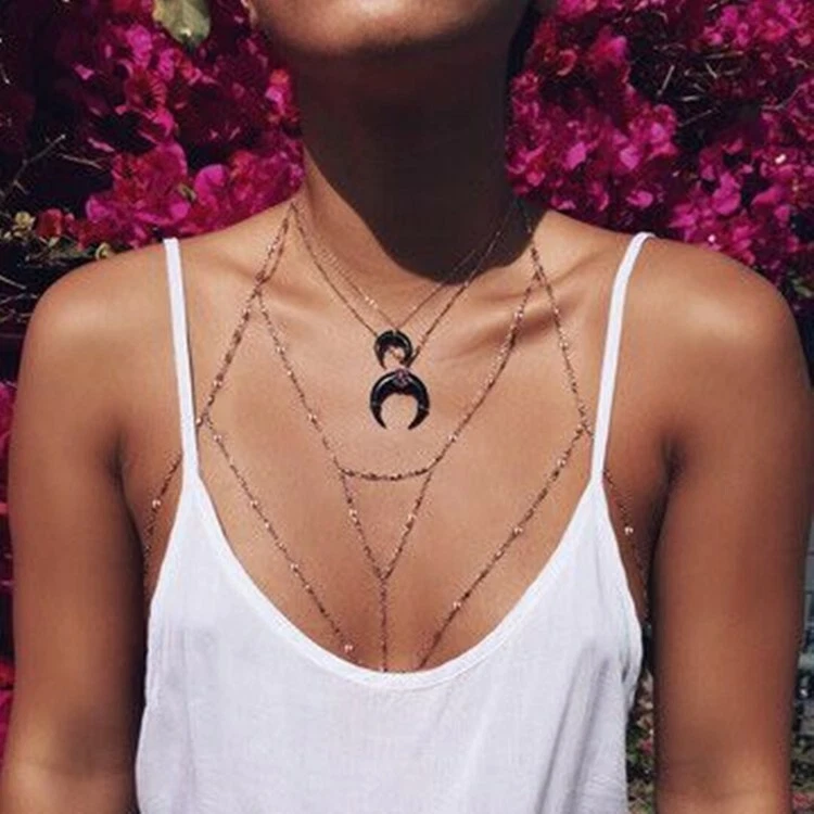 Moda Feminina Corrente Corporal Crossover Arnês Prata Colar Bola Redonda Barriga 0793 - Imagem 3 de 4