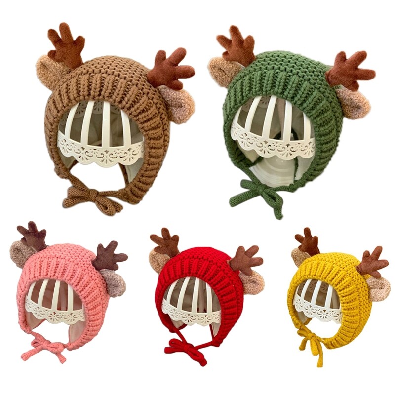 Infant Baby Knit Beanie Hat Christmas Reindeer Antlers Earflap Warmer