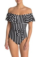 Athena Stripe Print Off-the-Shoulder One-Piece Swimsuit Sz 12 Black white