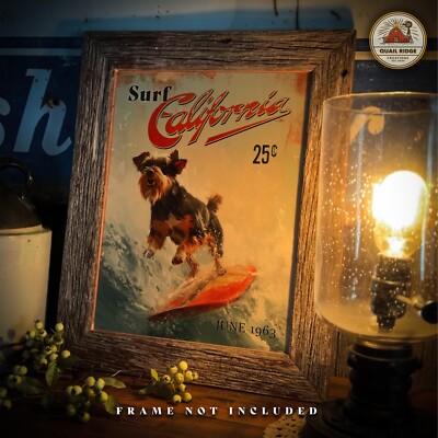 Vintage Dog Surfing Art Print Surf California Travel Poster Beach