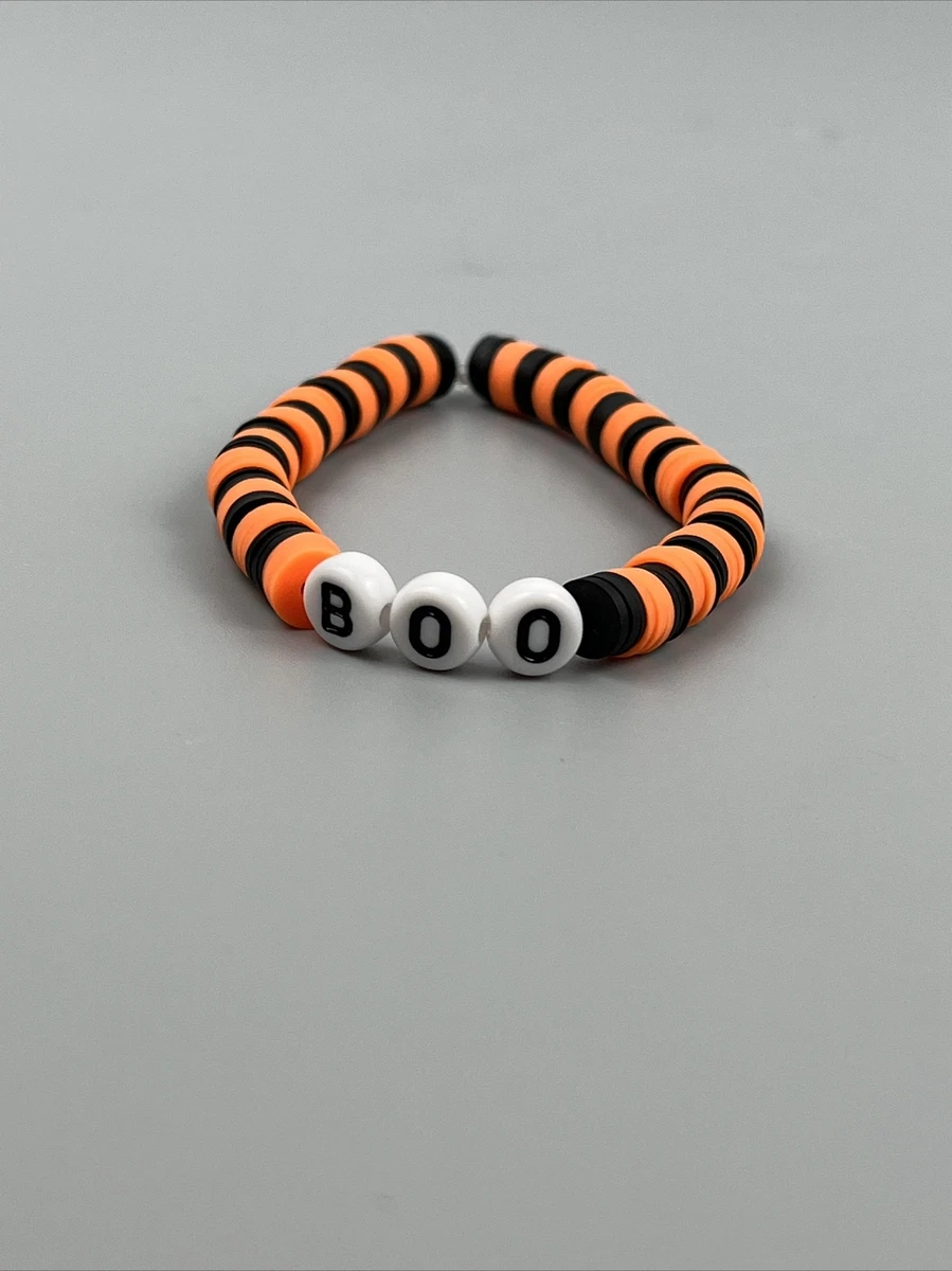 Disney Halloween Clay Bead Bracelet. Says Boo, Orange and Black Clay Beads