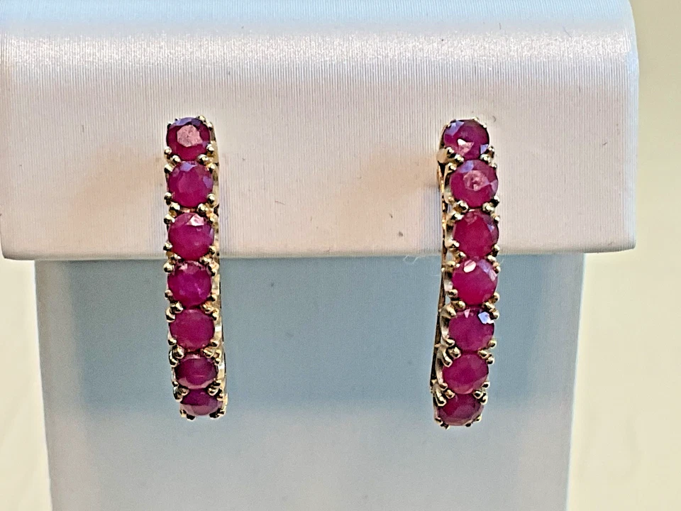 10K Yellow Gold Ruby Hoop Earrings J-Hoop Design - Image 2 of 4