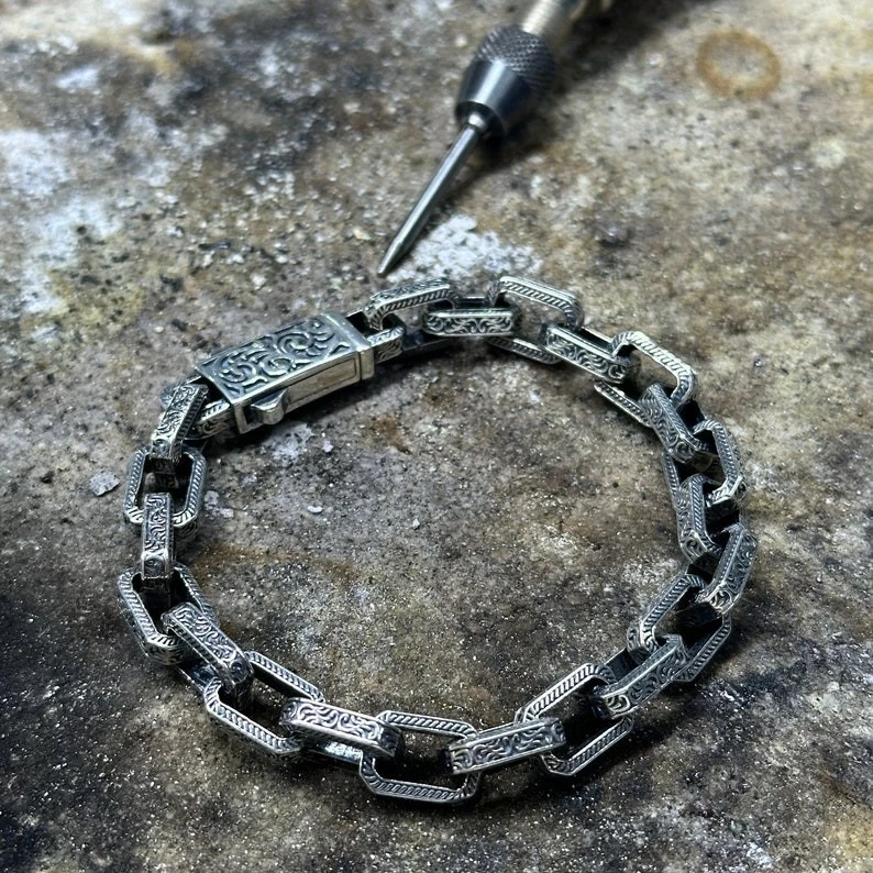 Mens 925 Sterling Silver Oxidized Curb Chain Bracelet Hand Engraved Jewelry - Image 3 of 4