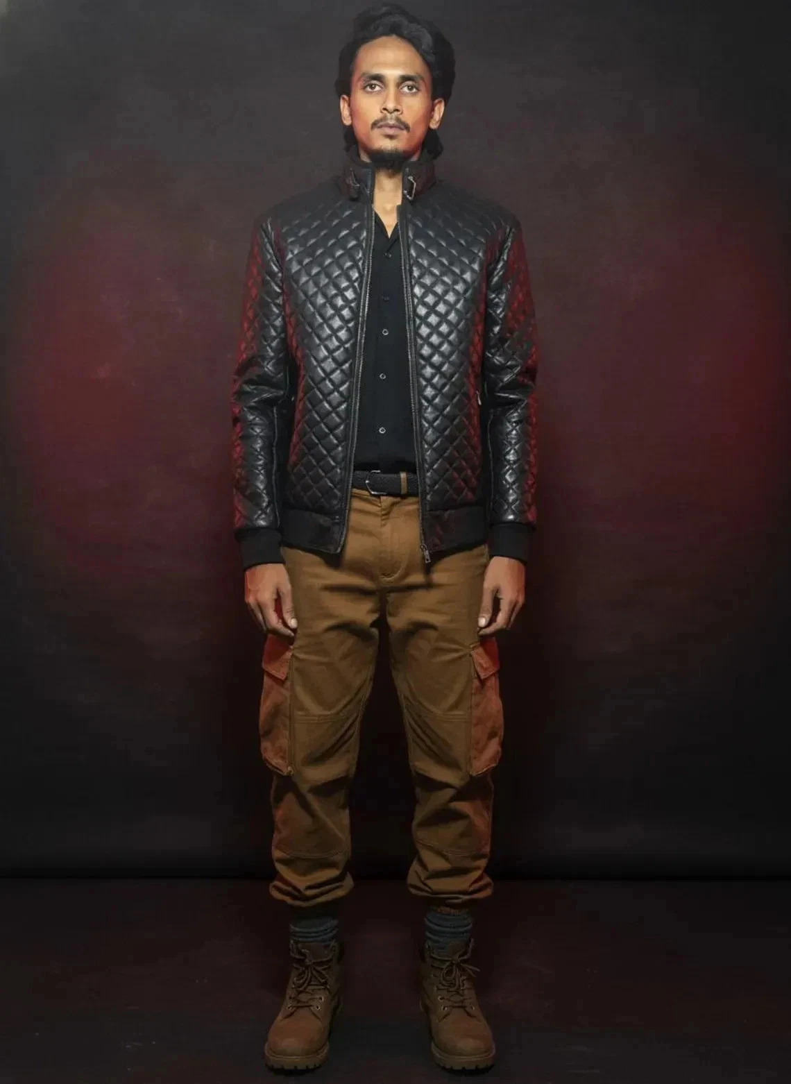 Men's Quilted Leather Bomber Jacket Genuine Sheep Black Puffer Leather Jacket