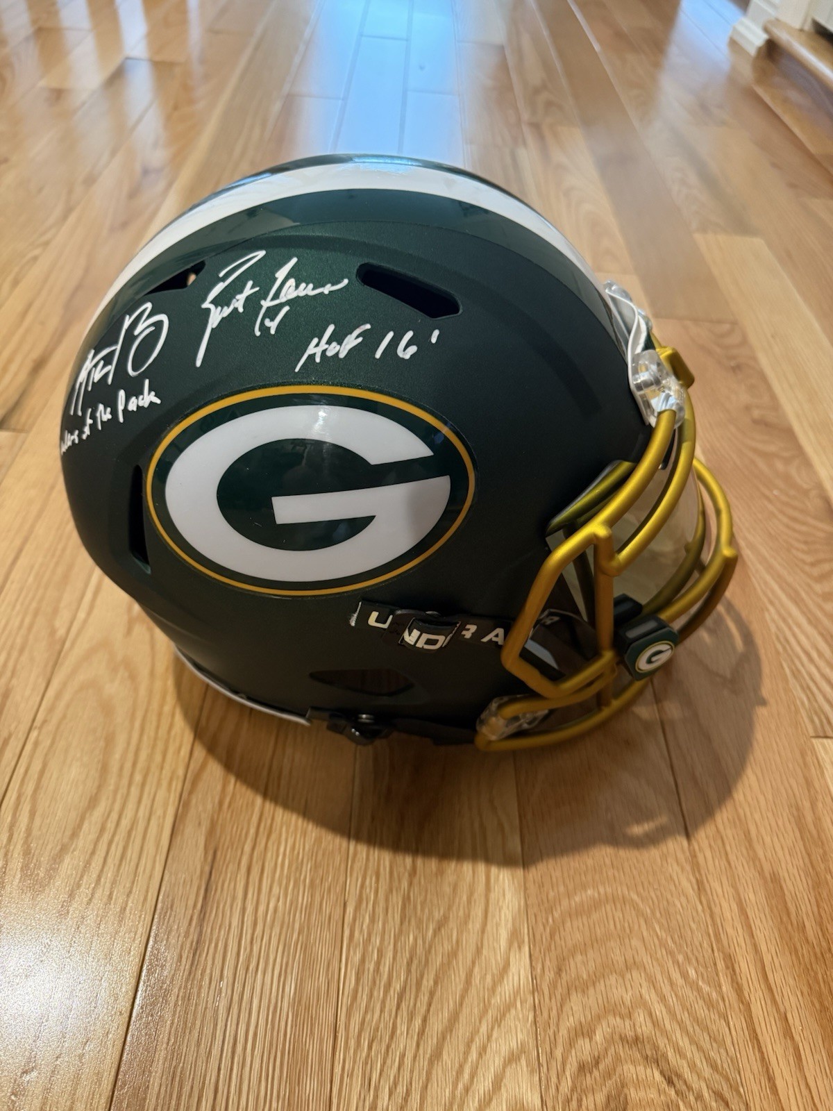 Aaron Rodgers Autographed Signed Green Bay Packers Brett Favre F/S Blaze Replica Helmet Radtke & Fanatics 