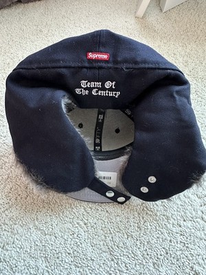 SUPREME x NEW ERA Ear Flap Faux FUR TRAPPER Hat navy blue size 7.5