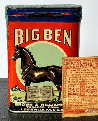 Vintage BIG BEN Smoking Tobacco Tin w/ TAX  and UNION STAMPS + B & W COUPON!