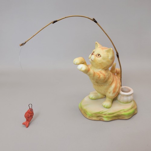 Vintage Enesco Ceramic Orange Tabby Cat Kitten Figurine Fishing Pole 3.25" - Picture 1 of 7