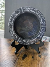 Black Dark Grey Etched Pattern Marble Stone Ashtray vintage 6”D rare find Heavy
