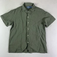 VTG Polo Ralph Lauren Shirt Mens Medium Green Loop Collar Linen Button Camp