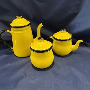 Vintage Japan OTO Yellow Black Enamel Tea Set 3 piece Kettle. Creamer, Sugar